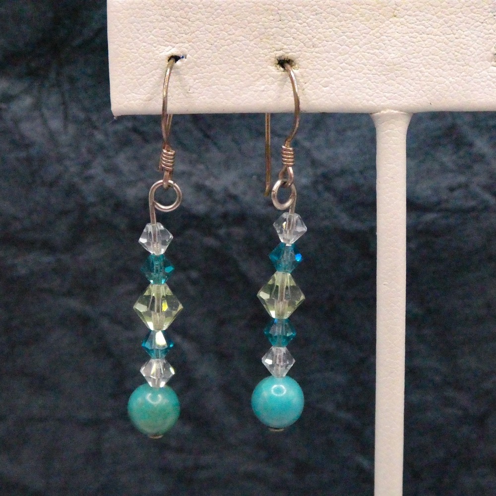 Handcrafted Sterling Silver Beaded Turquoise Drop Dangle Earrings 1.6"